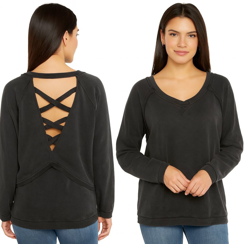 POL Black Mineral Wash V-Neck Sweatshirt  Open Back French Terry Raglan Sleeve S